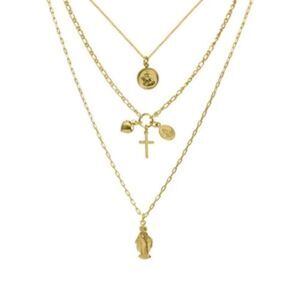 M Jewelers Gold Three Layer Saint Necklace. New! Religion Cross Prayers Heart